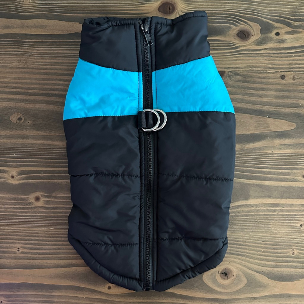 Black & Blue Dog Puffer Vest XL with Leash D-Rings Winter - Check Measurements